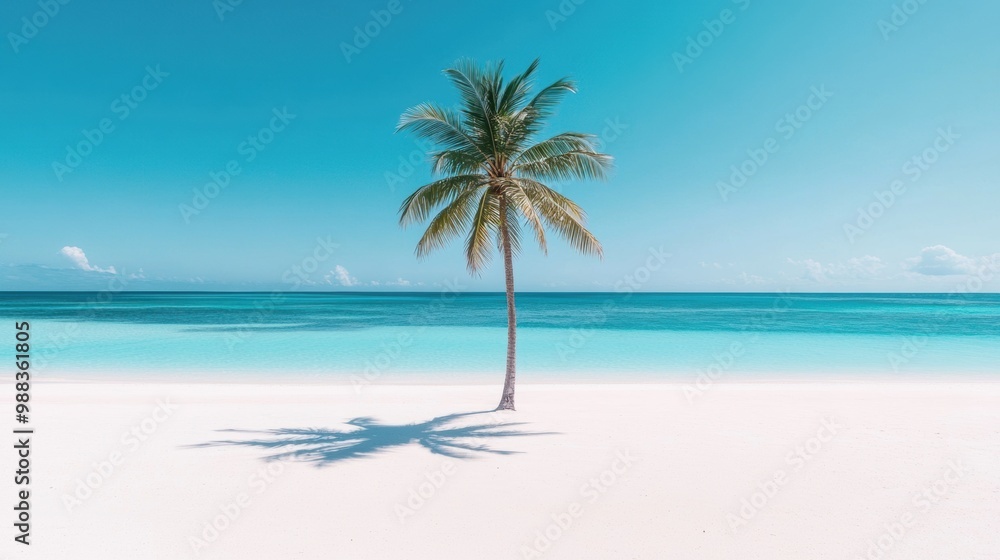 A solitary palm tree stands on a pristine beach, with turquoise waters and a serene sky, creating a perfect tropical paradise setting. A solitary palm tree stands on a pristine beach, with turquoise waters and a serene sky, creating a perfect tropical paradise setting.