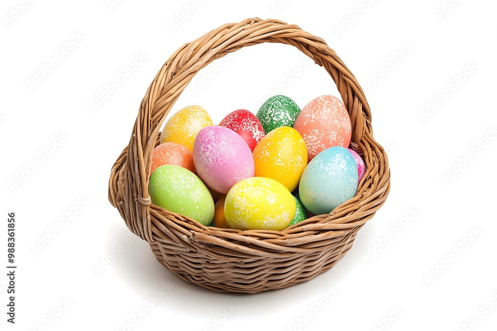 Easter basket filled with colorful eggs isolated on a white background