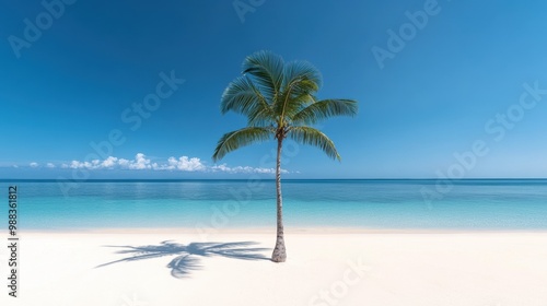 A solitary palm tree stands on a pristine beach, surrounded by crystal-clear waters under a bright blue sky, creating a serene tropical paradise.