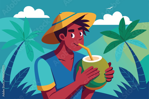 A young man sips refreshing coconut water, surrounded by lush palm trees and a serene sea under a bright blue sky.