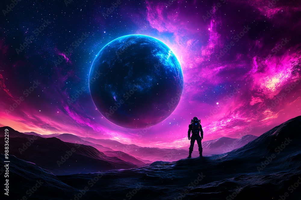 Futuristic landscape, with a lone explorer standing on a foreign planet under a glowing sky filled with stars Futuristic landscape, with a lone explorer standing on a foreign planet under a glowing sky filled with stars