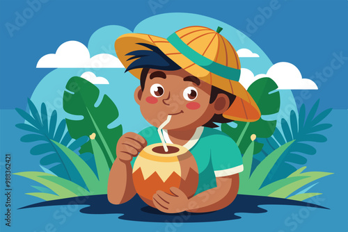 A cheerful boy is sipping a coconut drink while surrounded by lush greenery and bright clouds during a sunny day in a tropical paradise.