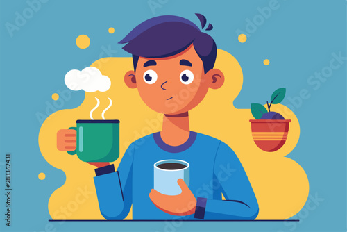 A young individual savors coffee from two different cups in a vibrant, cheerful indoor setting, wrapped in a moment of relaxation.