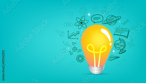 This inspirational vector design uses a central lightbulb to symbolize the spark of discovery that connects all fields of learning, perfect for educational banners and presentations.