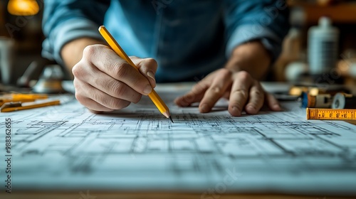 Detailed shot of hands making annotations on a blueprint with a pencil, surrounded by architectural tools like a protractor, tape measure, and eraser