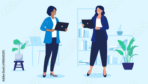Two women with laptops - Female vector characters standing holding computers in office work setting, smiling and talking together. Flat design illustration with light blue background