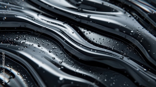 The surface features dark, flowing liquid waves with droplets, creating a captivating and textured visual effect