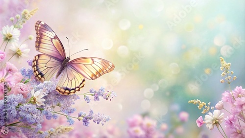 Butterfly on Purple and Pink Flowers with Bokeh Background