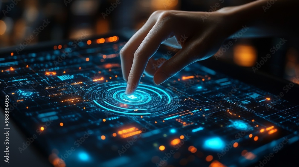 Naklejka premium Digital analytics data visualization. Big data. Network connection. Artificial intelligence technology. Digital tech. Hand typing, gesturing. 