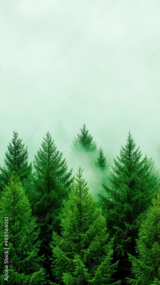 Fototapeta premium Enigmatic Wilderness: Fog Rolling Over Dense Pine Forest in Mysterious Nature Scene