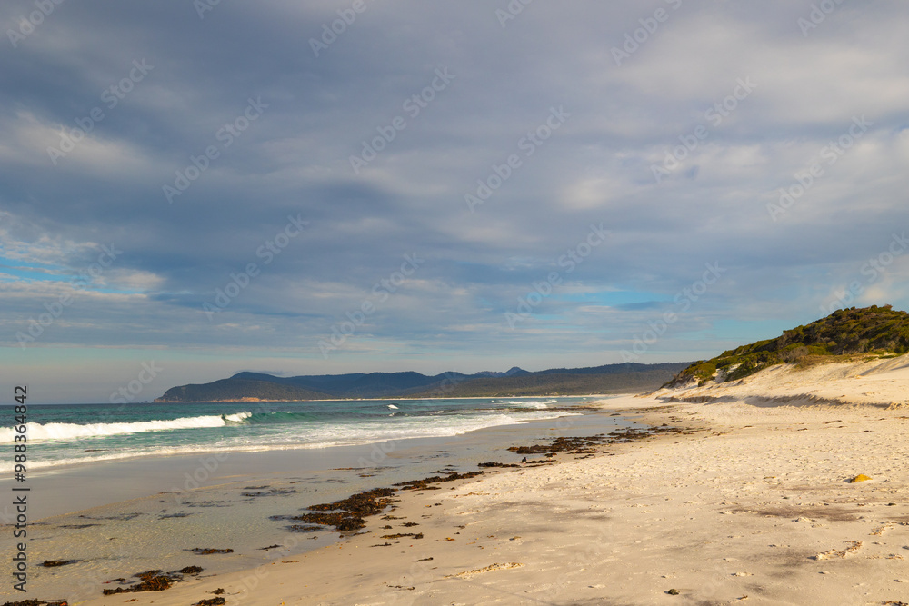 Panoramic views across white sandy Friendly Beaches in Tasmania, Australia Panoramic views across white sandy Friendly Beaches in Tasmania, Australia