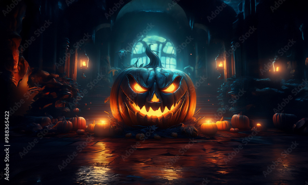 Fototapeta premium Halloween pumpkin lantern, glowing in the dark, in a scary spooky haunted house