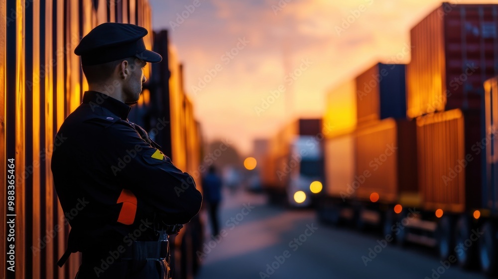 A security officer overseeing container trucks at sunset, ensuring safety and monitoring activities in a shipping area. A security officer overseeing container trucks at sunset, ensuring safety and monitoring activities in a shipping area.