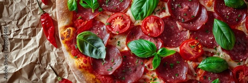 Pepperoni Pizza, Traditional Italian Diabolo Pizza Flatbread on Wood Plate with Salami, Chili Pepper photo