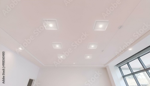 cassette stretched or suspended ceiling with square halogen spots lamps and drywall construction in empty room in house or office with column. Looking up view