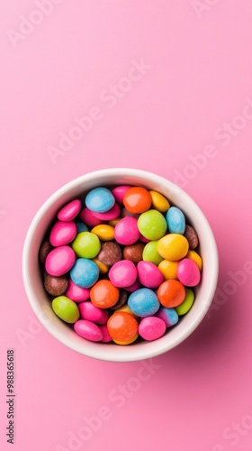 A bowl brimming with a variety of colorful candies sits against a soft pink background, inviting indulgence and pleasure