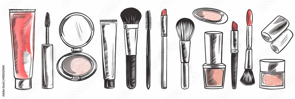 Fototapeta premium Makeup kit drawing: sketch mascara, nail polish, foundation doodle, mirror, lipstick, brush, cosmetic
