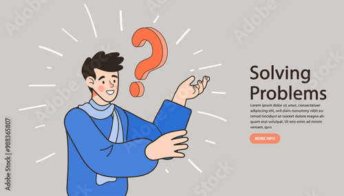 A friendly character holds a question mark to represent a query or a problem. This concept banner is ideal for a customer support page, a business FAQ, or a consultation service that finds answers.