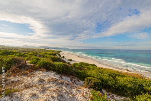 Panoramic views across white sandy Friendly Beaches in Tasmania, Australia photo