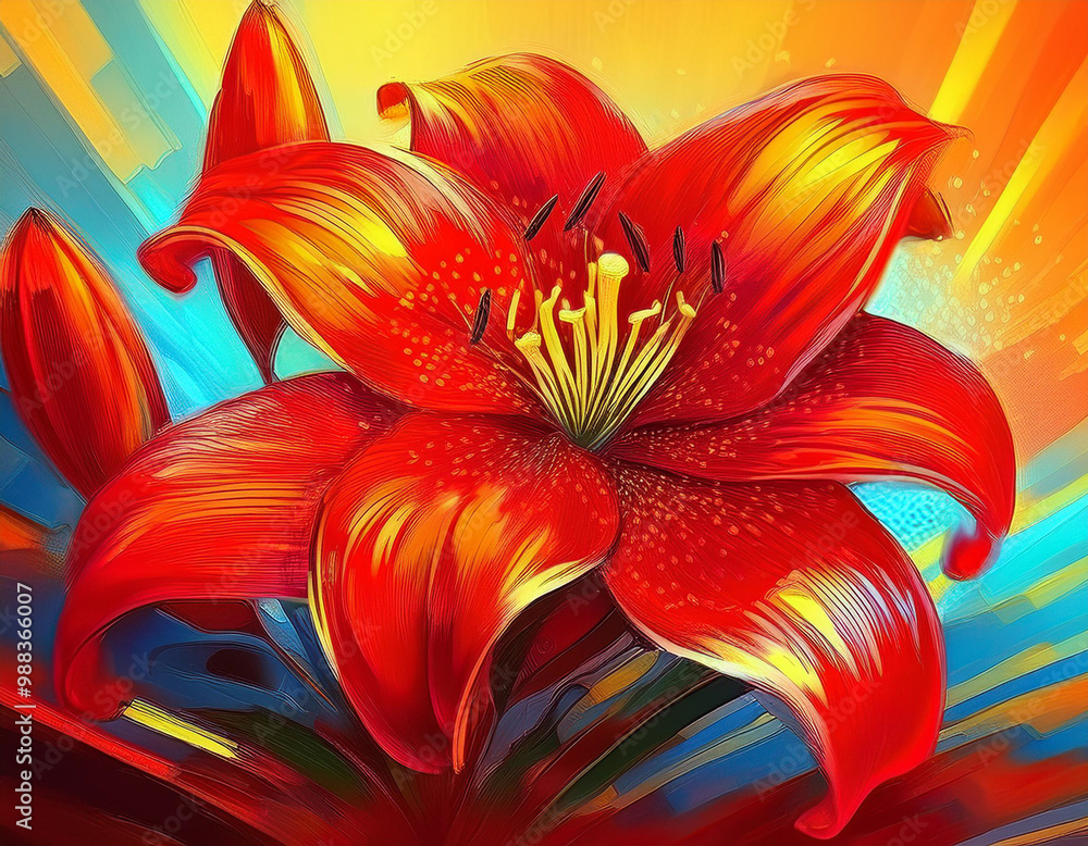 Fototapeta premium Red Lily Flower In Full Bloom Illustration