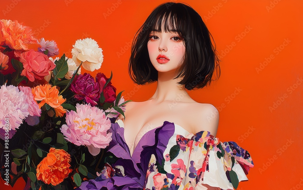 Asian woman with short hair and bangs, wearing a ruffled purple-white skirt and floral boho blouse, holding flowers, full body figurative oil painting, textured brushstrokes, colorful and vibrant Asian woman with short hair and bangs, wearing a ruffled purple-white skirt and floral boho blouse, holding flowers, full body figurative oil painting, textured brushstrokes, colorful and vibrant