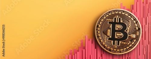 Bitcoin coin and pink stock bars on yellow background. photo