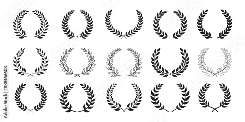 Laurel wreath. Set outline silhouette hand drawn laurel wreaths isolated Doodle floral frames.