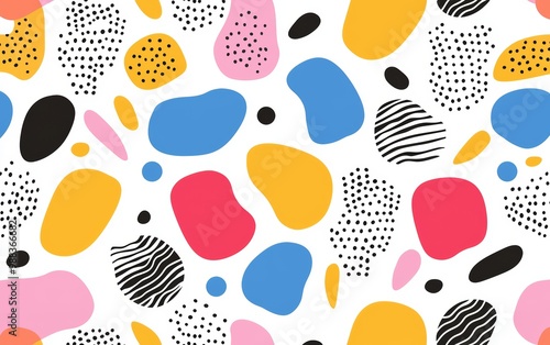 Bright, fun pattern featuring playful, child-like shapes, vibrant color palette, clean lines, youthful energy, abstract elements, perfect for kids, lively and simple design