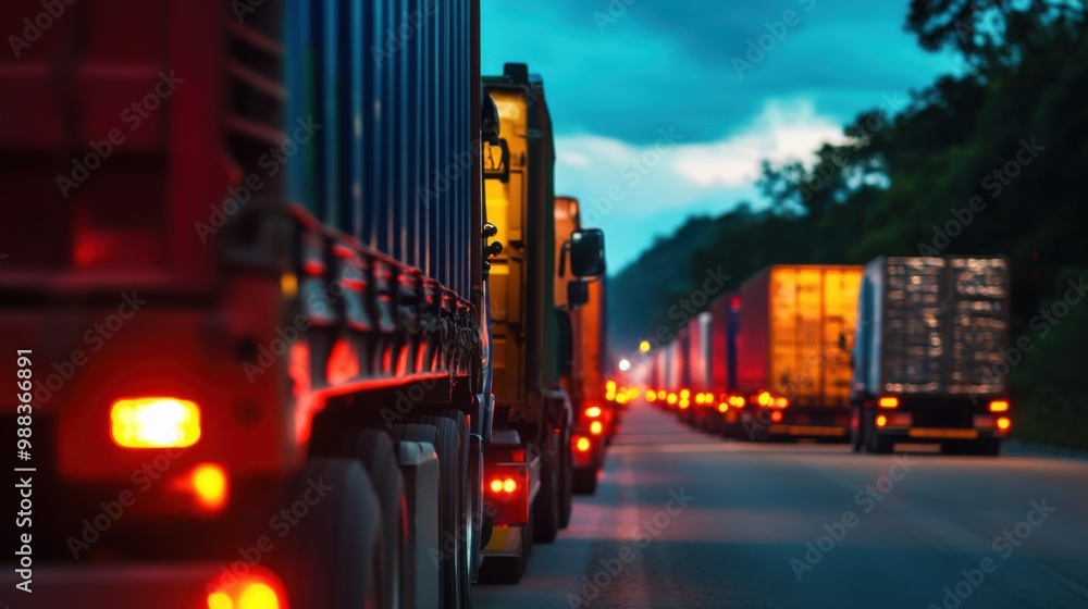 Trucks lined along a road at twilight, illuminated by their lights, creating a striking industrial scene. Trucks lined along a road at twilight, illuminated by their lights, creating a striking industrial scene.