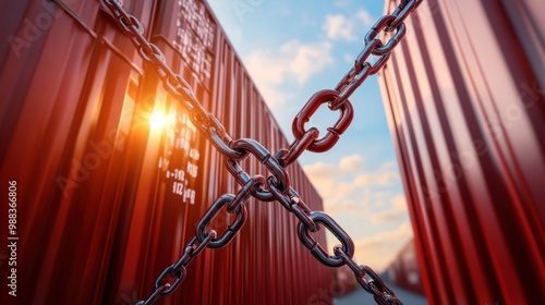 Red shipping containers secured with chains under a blue sky, symbolizing logistics and security. photo