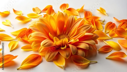 Vibrant orange and yellow petals unfold against a pristine white backdrop with subtle shadows adding depth to the composition.