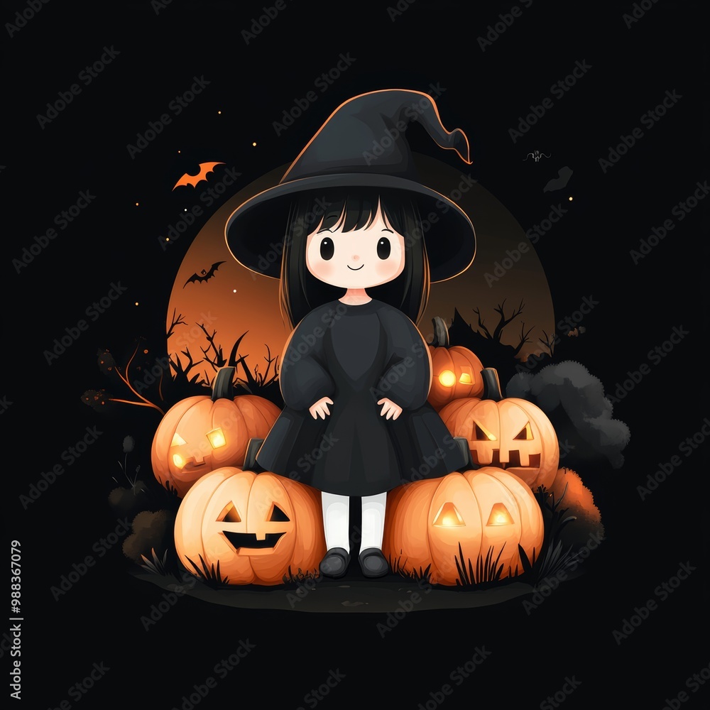 Cute witch character surrounded by pumpkins, Halloween theme, dark background. Cute witch character surrounded by pumpkins, Halloween theme, dark background.
