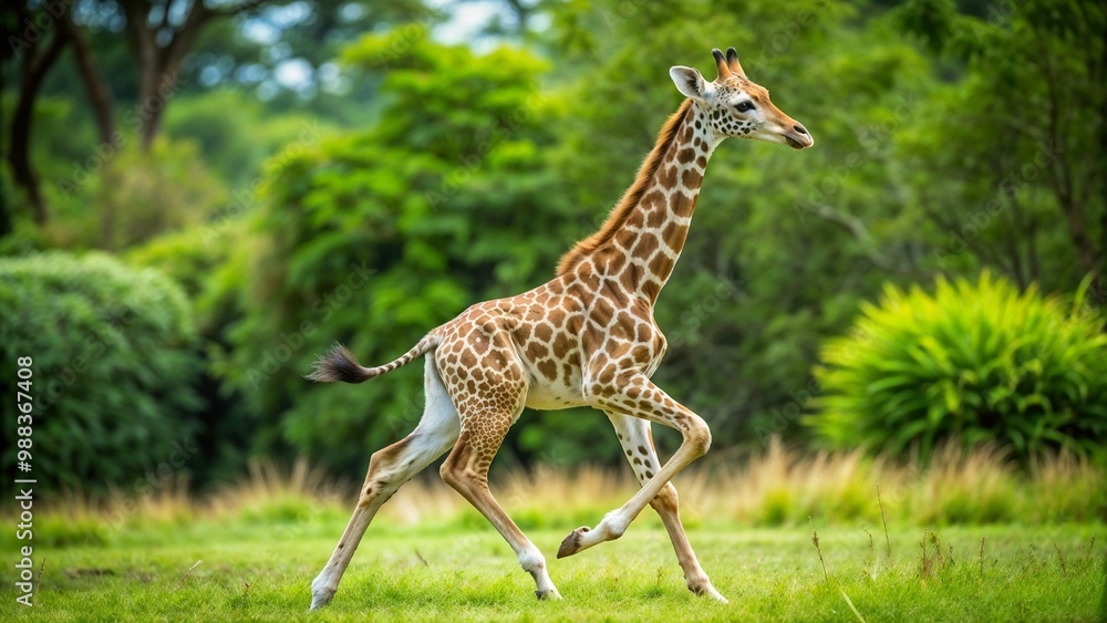 Graceful giraffe running in a green savanna landscape under clear skies Graceful giraffe running in a green savanna landscape under clear skies