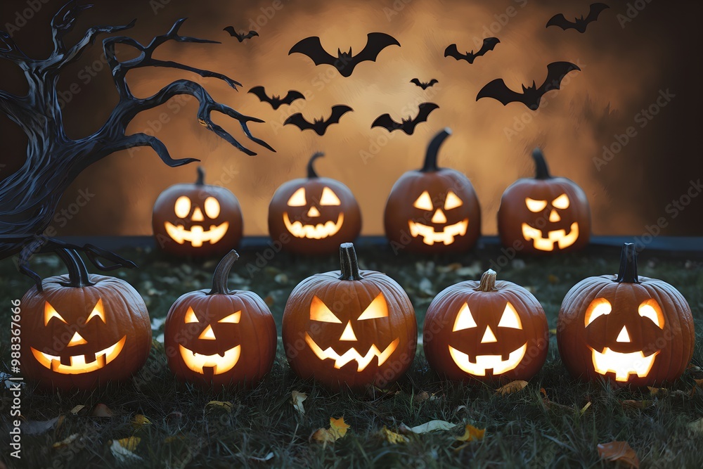 Row of carved pumpkins on grassy ground, bats, spooky tree, eerie Halloween scene Row of carved pumpkins on grassy ground, bats, spooky tree, eerie Halloween scene
