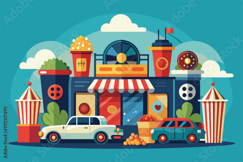 A vibrant drive-in movie theater showcases classic cars parked in front of a colorful concession stand filled with treats and enjoyed by moviegoers.