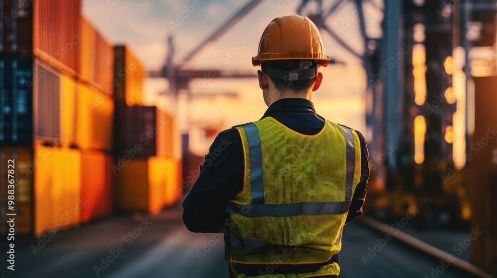 Worker in safety gear observes shipping yard at sunset, focused on container operations and logistics. Worker in safety gear observes shipping yard at sunset, focused on container operations and logistics.