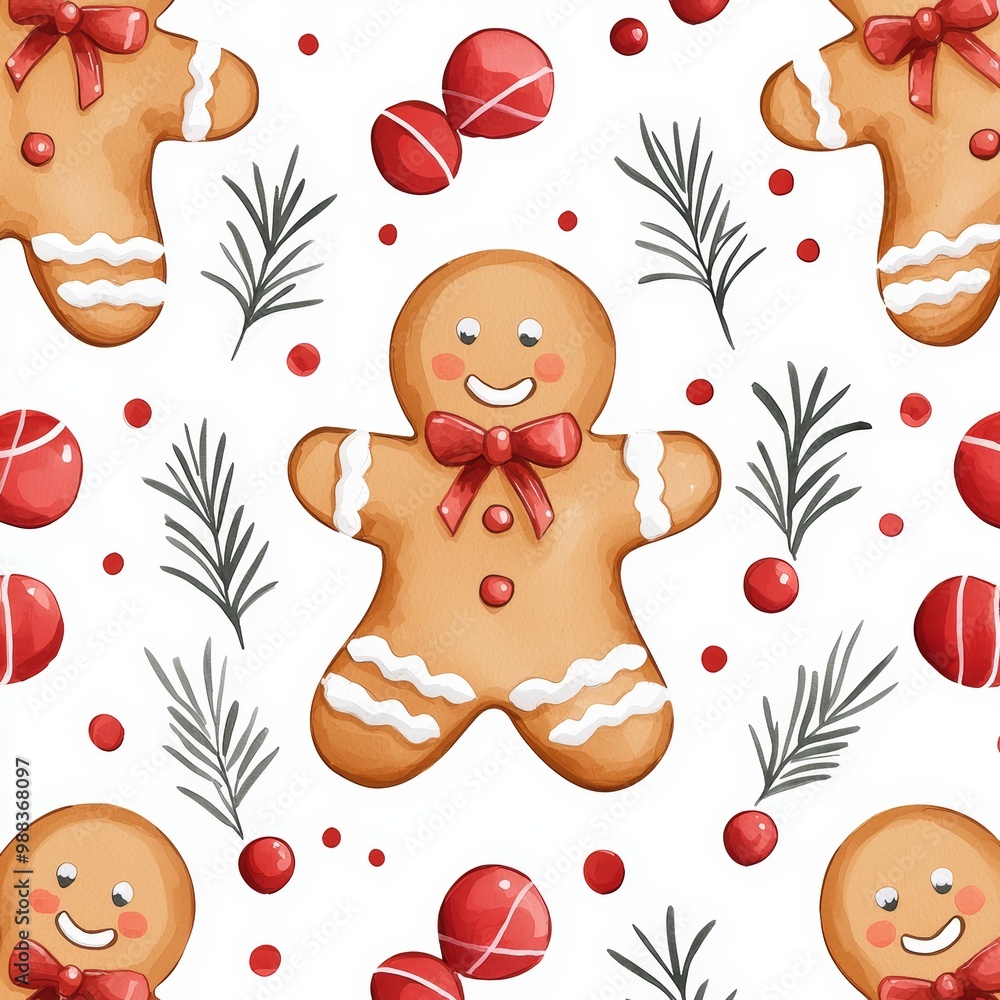 Fototapeta premium Gingerbread man, seamless pattern repeat, holiday theme, Watercolor style