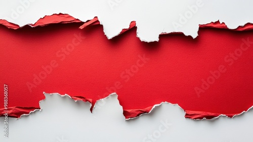 Torn red paper isolated on a clean background. The uneven edges create a striking visual with strong contrast between the bright red and the surrounding blank space photo