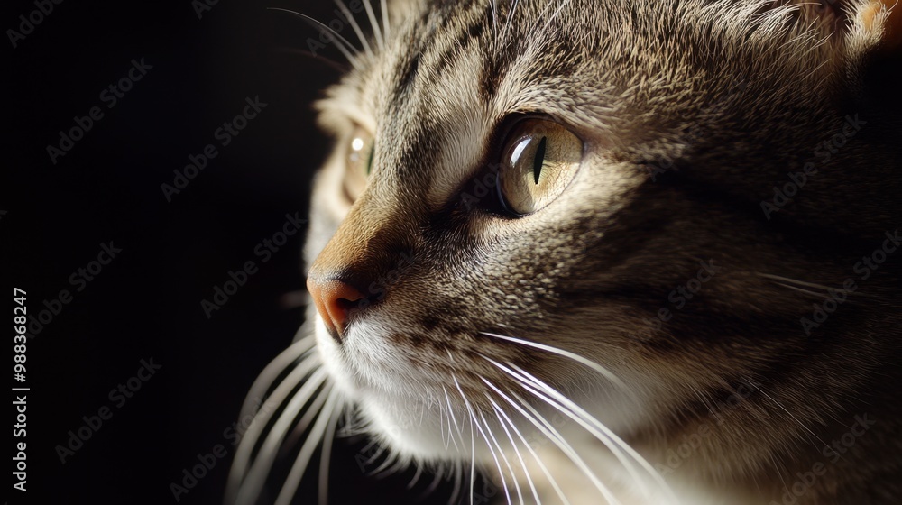 Close-up portrait of a gray striped cat staring intently into the distance. The soft lighting highlights the cat s whiskers and fur texture in great detail Close-up portrait of a gray striped cat staring intently into the distance. The soft lighting highlights the cat s whiskers and fur texture in great detail