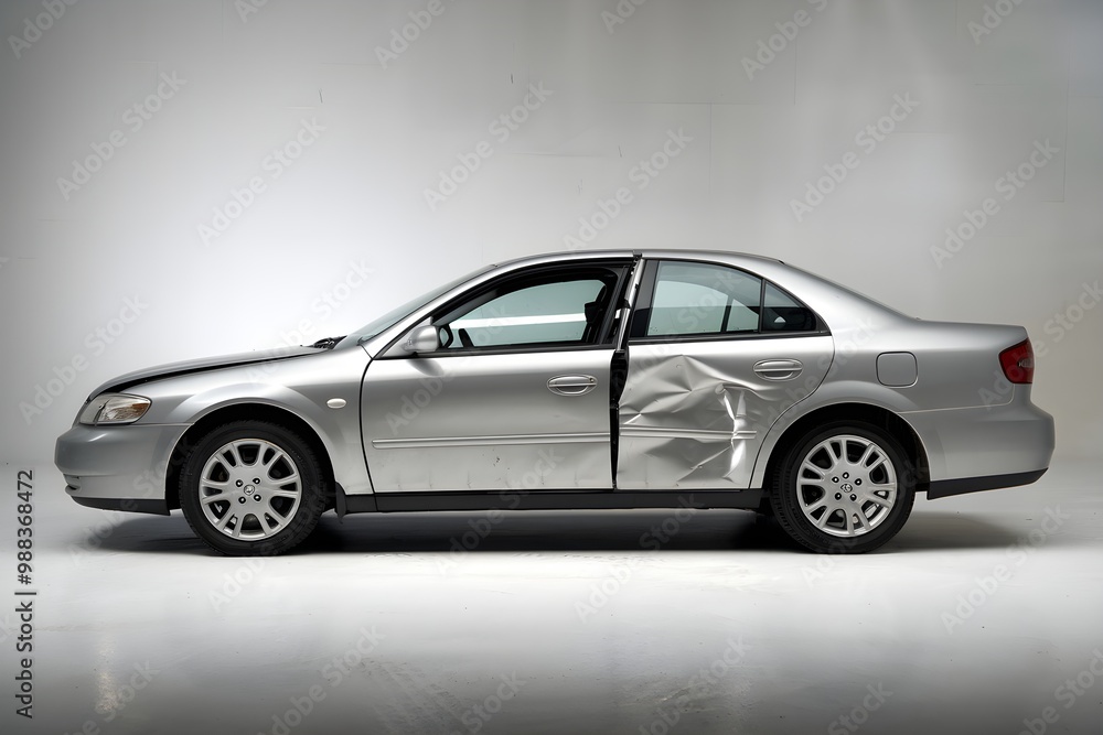 Silver sedan with noticeable dent on drivers side, white background, both views Silver sedan with noticeable dent on drivers side, white background, both views