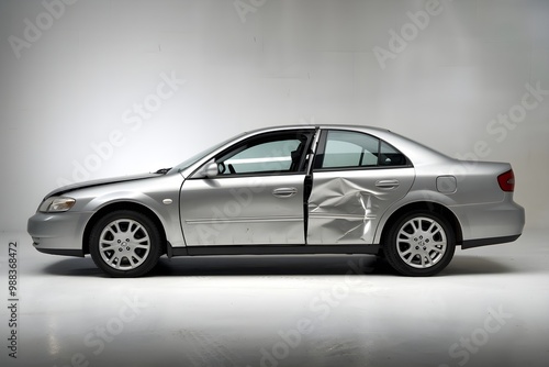 Silver sedan with noticeable dent on drivers side, white background, both views