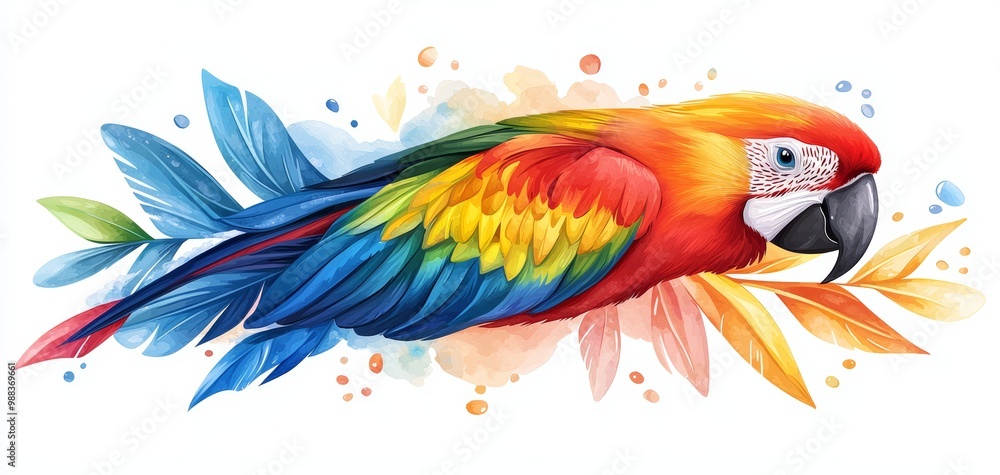 Obraz premium Realistic parrot head with vivid, long feathers flowing in rainbow hues, intricate glass-like snowflake details, water droplets on the ends, watercolor splash background, gentle mist, 3D