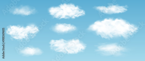 Realistic isolated cloud on transparent background. Vector set of realistic isolated fluffy cloud. Illustration of different types of cirrus and cumulus clouds. Vector.