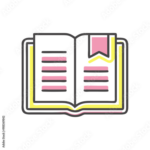 Colorful open book icon with bookmark in pink and yellow