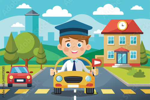 A friendly driving school instructor guides a student behind the wheel in a vibrant city setting filled with trees and buildings.