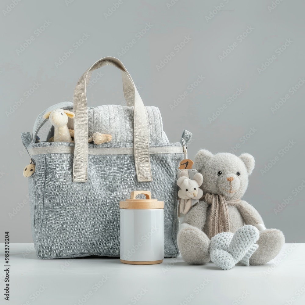 Mother bag with baby stuff, soft bag with children warm clothes and knitted toys on light background