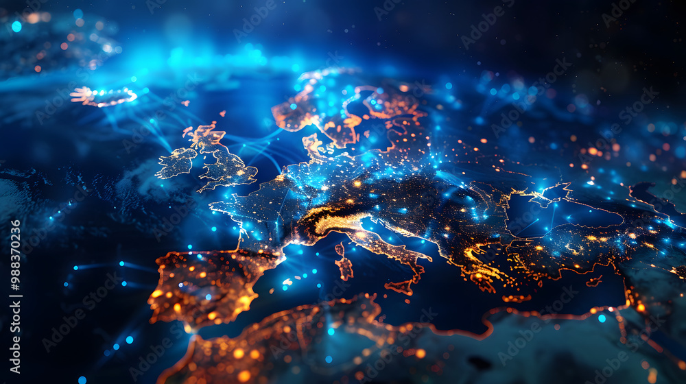 Naklejka premium dynamic digital world map emphasize Western Europe continental for AI powered global network connectivity big data transfer cyber technology network information exchange and telecommunication