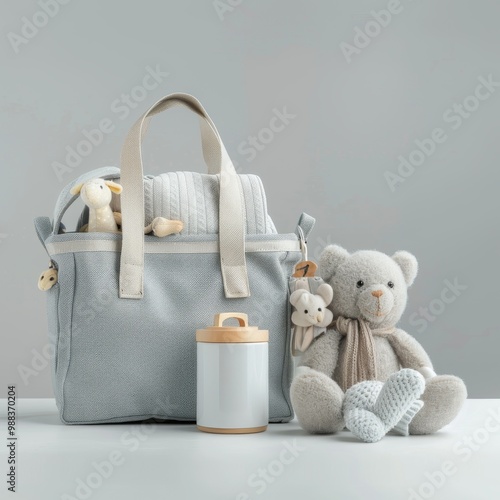 Obraz na płótnie Mother bag with baby stuff, soft bag with children warm clothes and knitted toys on light background w salonie