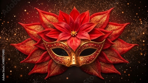 Elegant masquerade mask adorned with red flowers and intricate details on a dark background