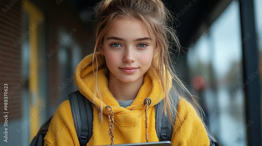 girl sitting in front of school building scrolling on tablet using social medi online bullying or cyberbullying for young schoolgirl girl sitting in front of school building scrolling on tablet using social medi online bullying or cyberbullying for young schoolgirl